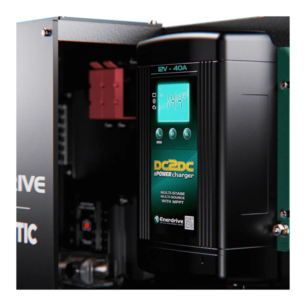 Detailed view of the integrated Enerdrive 40A DC2DC ePOWER battery charger digital display