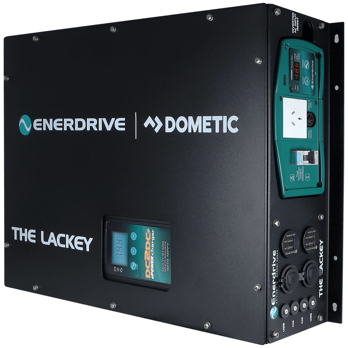 Enerdrive Lackey power system with integrated 2000W inverter and DC-DC charger in black enclosure