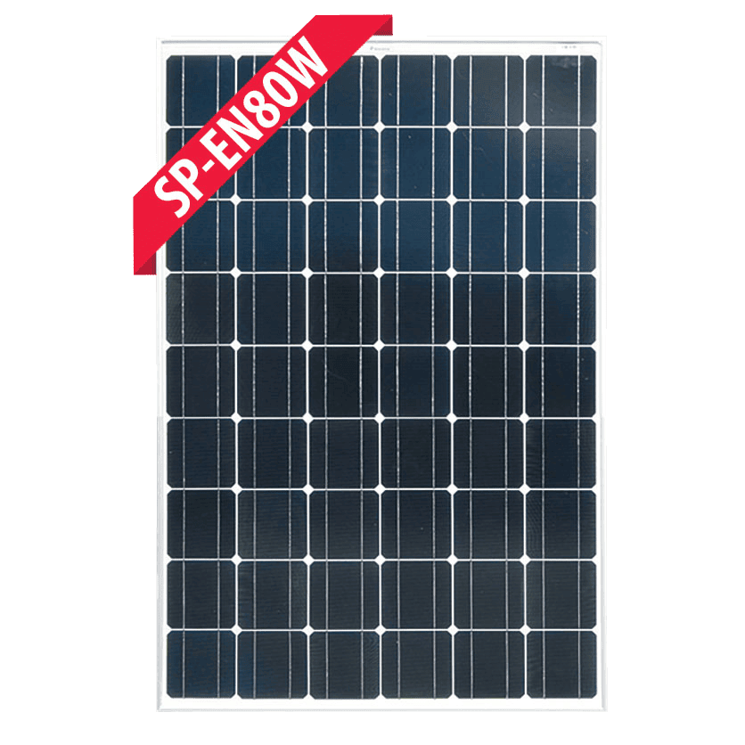 Front view of Enerdrive 80W monocrystalline fixed solar panel with silver frame