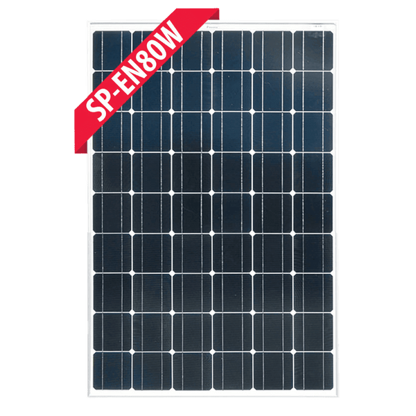 Front view of Enerdrive 80W monocrystalline fixed solar panel with silver frame