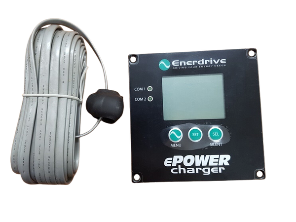 Black Enerdrive charger remote control panel with LCD display, control buttons and coiled connection cable
