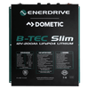 Front panel of Enerdrive B-TEC Slim battery detailing specifications, safety warnings and reset procedure