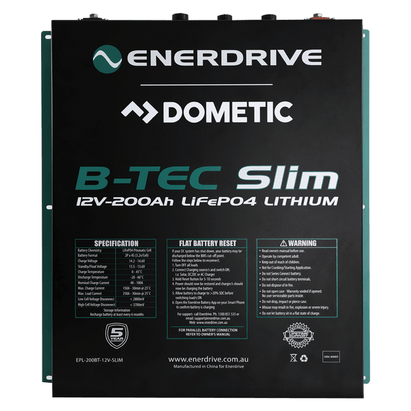 Front panel of Enerdrive B-TEC Slim battery detailing specifications, safety warnings and reset procedure