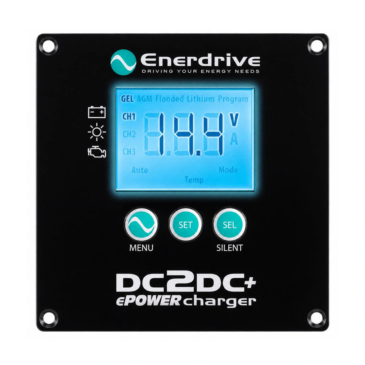 Front view of Enerdrive DC2DC charger remote showing backlit LCD display and control buttons