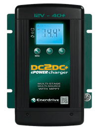 Close-up of Enerdrive DC2DC+ battery charger interface showing voltage display and control buttons