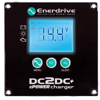 Front view of DC-DC charger remote control panel with LCD screen and navigation buttons