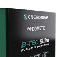 Close-up of Enerdrive and Dometic branding on the B-TEC Slim lithium battery