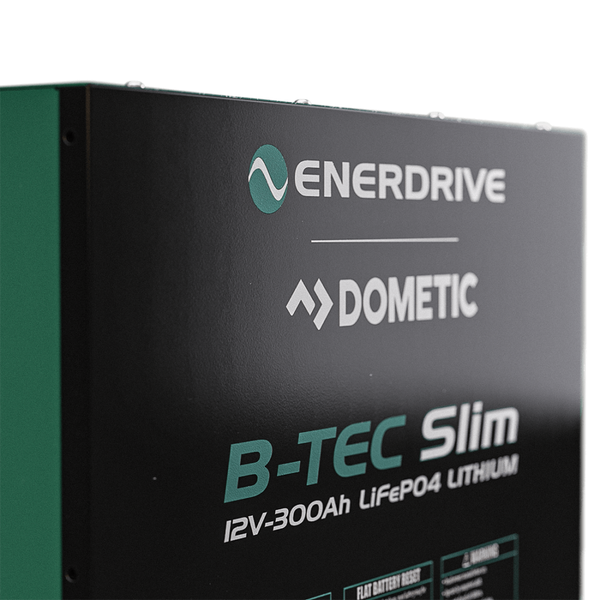 Close-up of Enerdrive and Dometic branding on the B-TEC Slim lithium battery