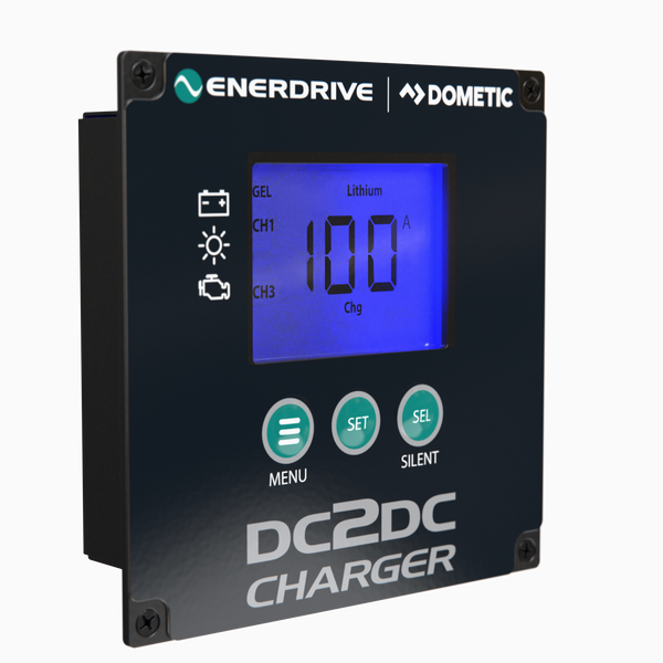 Remote control LCD unit for the DC-DC charger showing charging status
