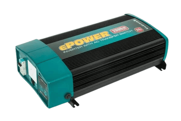 Angled view of 2000W 24V pure sine wave inverter showing aluminium heat sink body and teal end caps