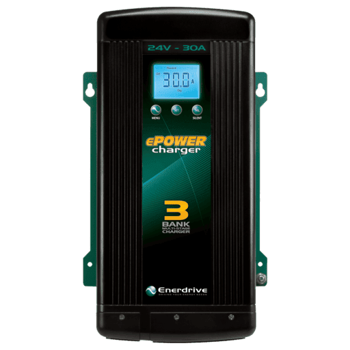 Front view of 24V 30A battery charger showing LCD display and control buttons