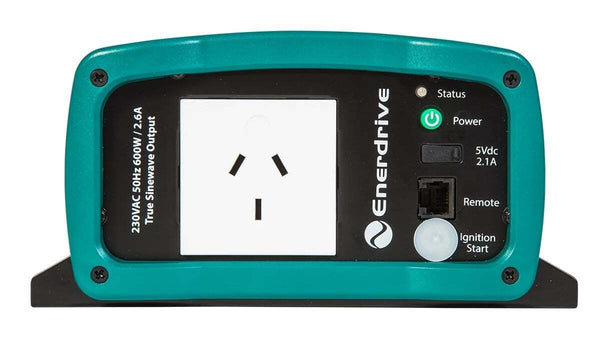 Close-up of inverter front panel featuring AC socket and USB port