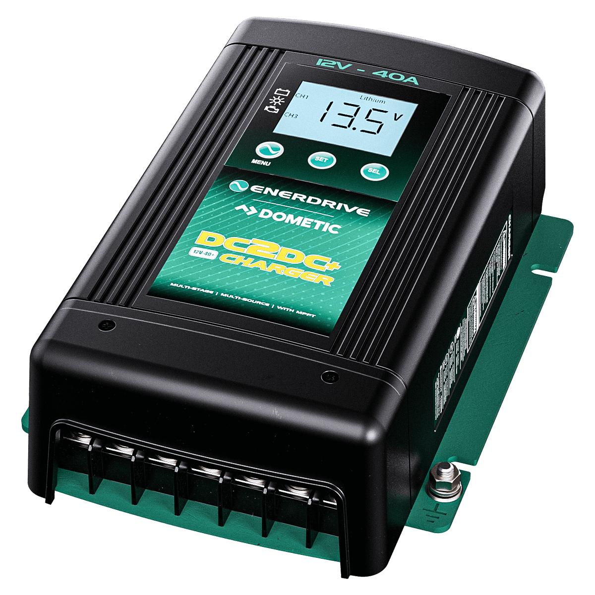 Angled view of black Enerdrive charger showing side ventilation
