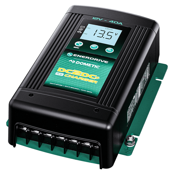 Angled view of black Enerdrive charger showing side ventilation