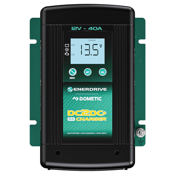 Front view of Enerdrive DC2DC charger with LCD screen and control buttons