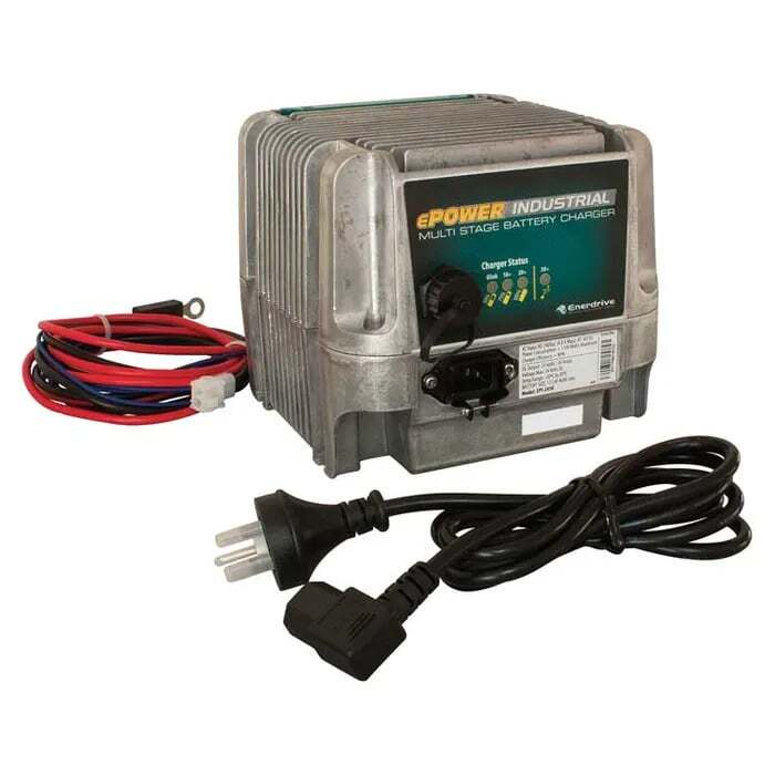 Enerdrive 48V 15A industrial battery charger showing aluminium housing, status LEDs and cabling