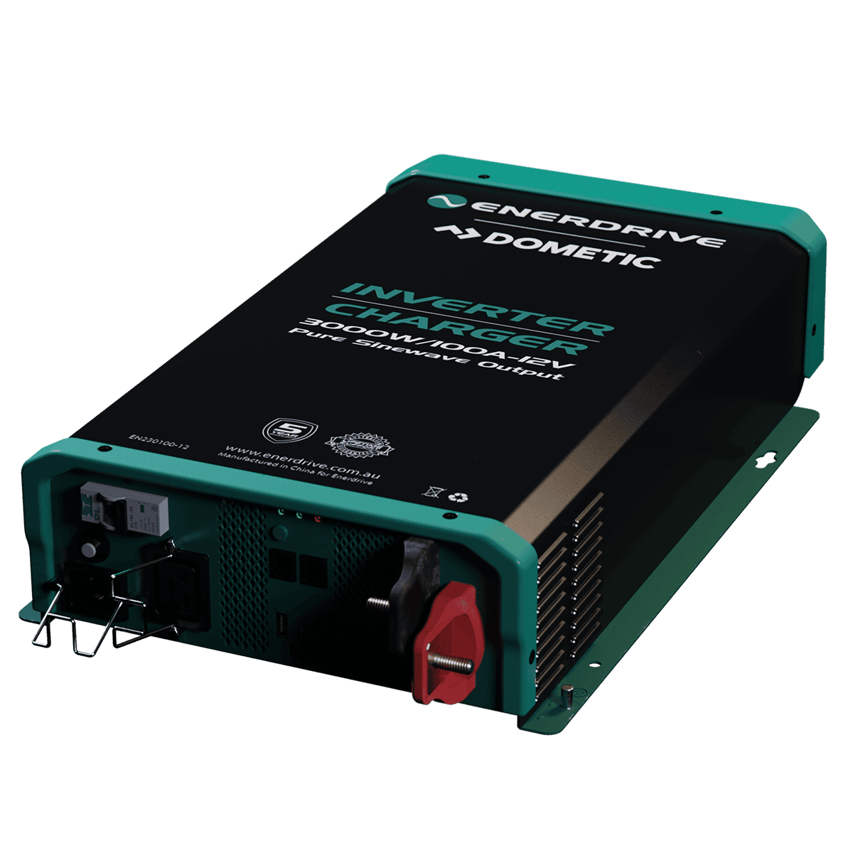 Angled view showing AC sockets, DC terminals and cooling vents on the inverter charger