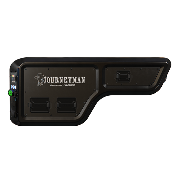 Front view of the black textured Enerdrive Journeyman canopy power system enclosure