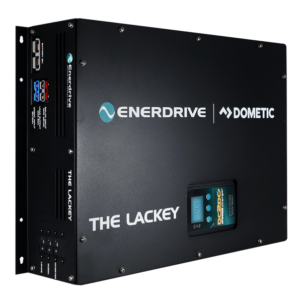 Front view of black metal enclosure for Enerdrive Lackey featuring the DC2DC charger display