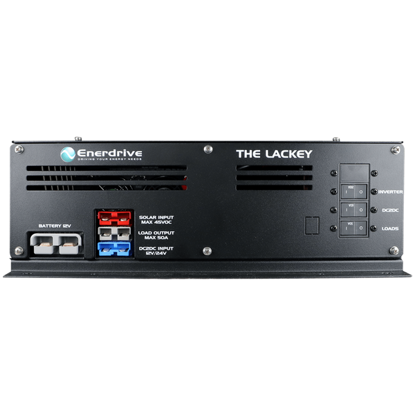 Output interface of Enerdrive Lackey featuring AC powerpoint, USB ports, and 12V DC sockets