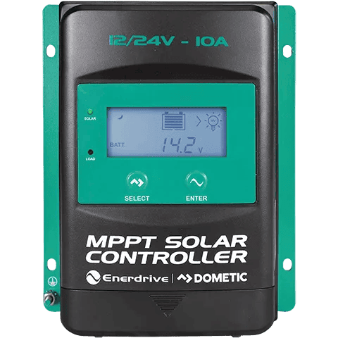 Front view of Enerdrive 10A MPPT solar charge controller showing LCD screen and control buttons