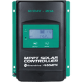 Front view of 20A MPPT solar controller with LCD display showing 14.2V and green mounting flanges