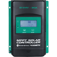 Front view of 20A MPPT solar controller with LCD display showing 14.2V and green mounting flanges