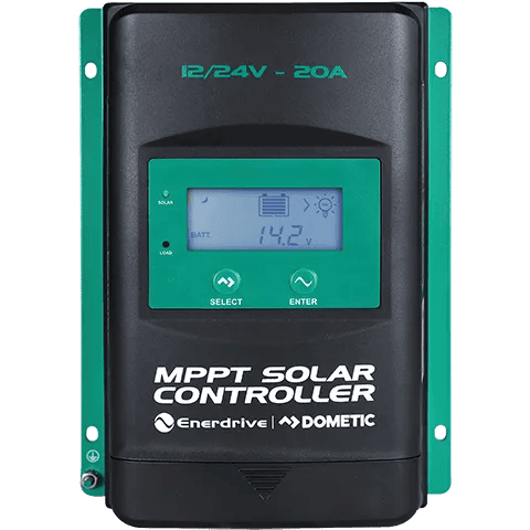 Front view of 20A MPPT solar controller with LCD display showing 14.2V and green mounting flanges