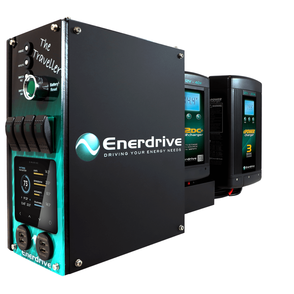 Perspective view of the Enerdrive Traveller canopy power system showing the control panel and dual battery chargers