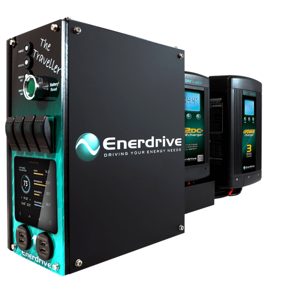 Perspective view of the Enerdrive Traveller canopy power system showing the control panel and dual battery chargers