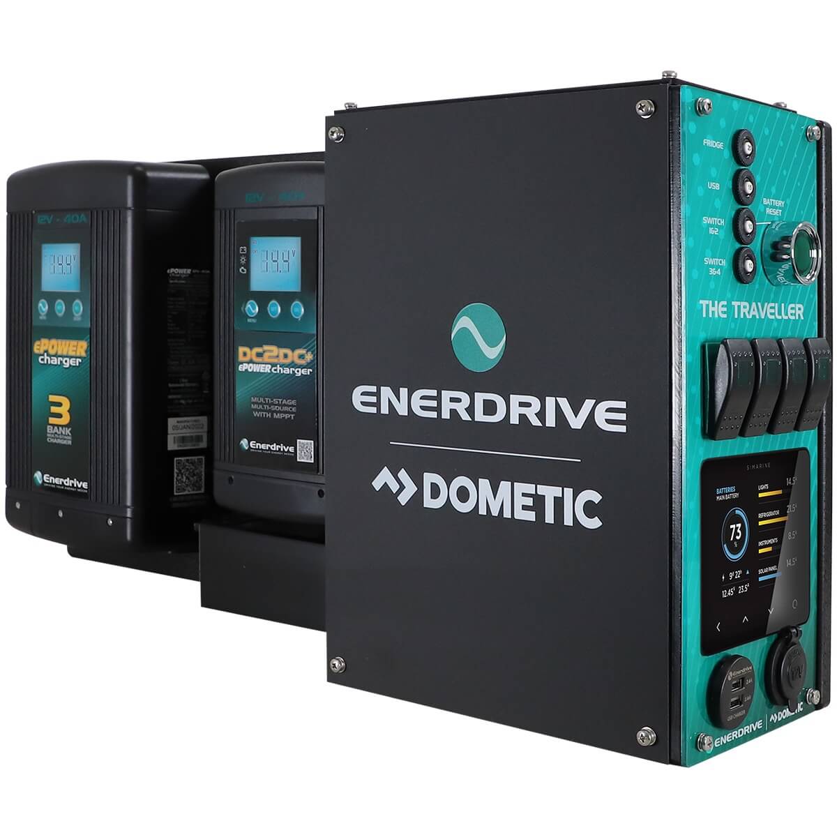 Enerdrive Traveller left-hand power system assembly with battery chargers and Simarine monitoring