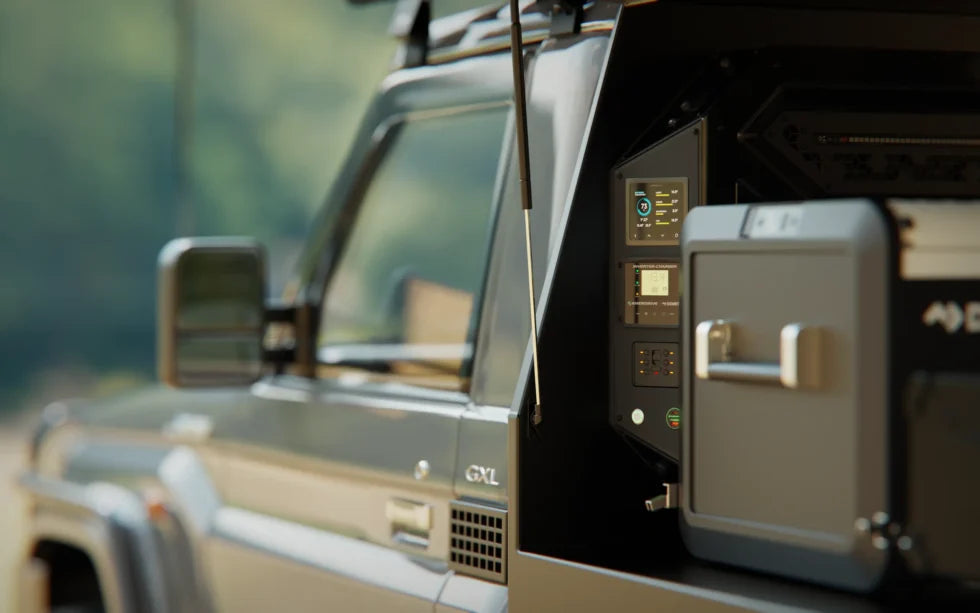 Side view of a vehicle canopy with the Enerdrive Voyager system installed inside