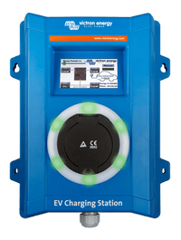 Front view of EV charging station with green light ring indicating a ready or active charging state