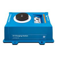 Angled perspective of the blue EV charging station enclosure highlighting the IP44 protection rating