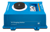 Angled perspective of the blue EV charging station enclosure highlighting the IP44 protection rating