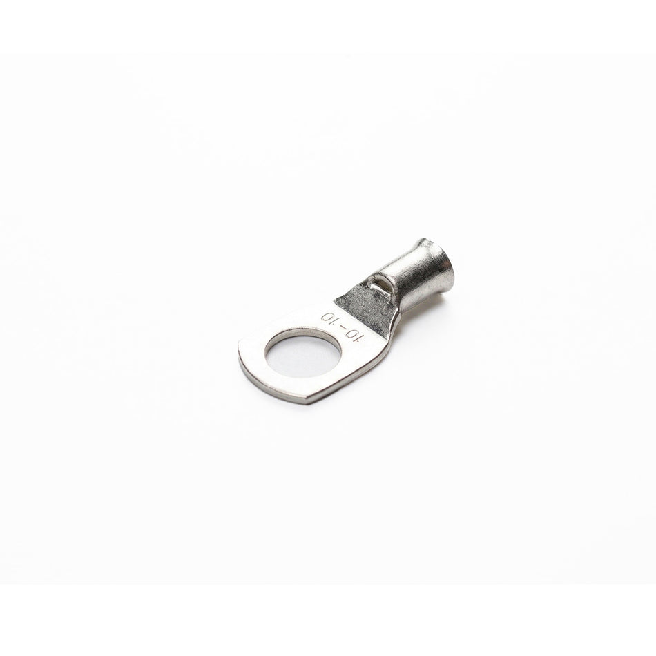 Tin-plated 10mm² copper lug with M10 hole and flared bellmouth entry
