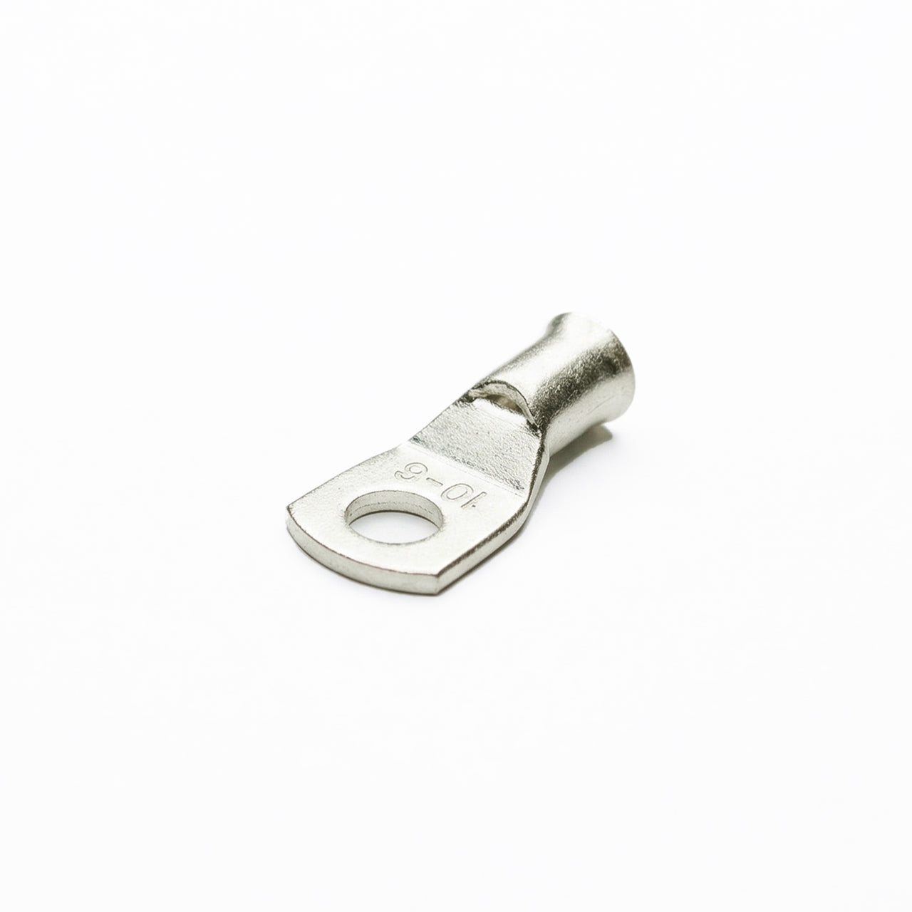 Tin-plated 10mm² copper lug with M6 hole and flared bellmouth entry