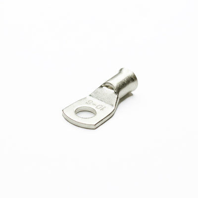 Tin-plated 10mm² copper lug with M6 hole and flared bellmouth entry