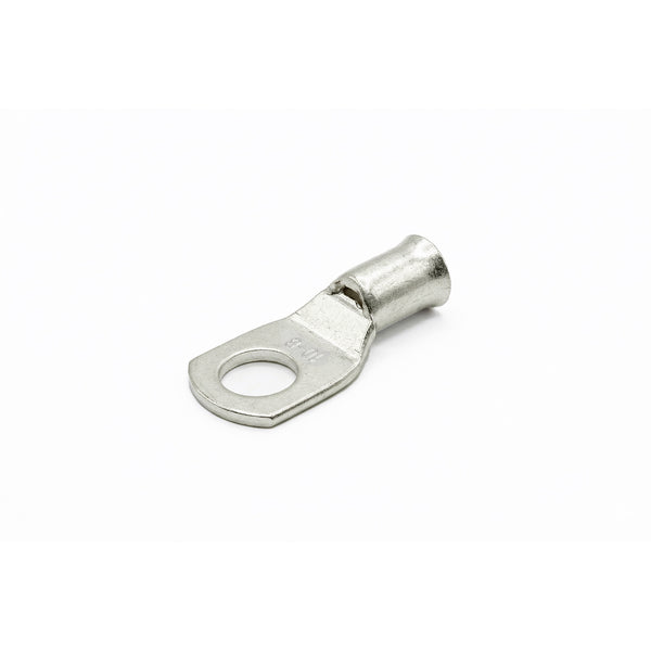 Tin-plated 10mm² copper lug with M8 hole and flared bellmouth entry