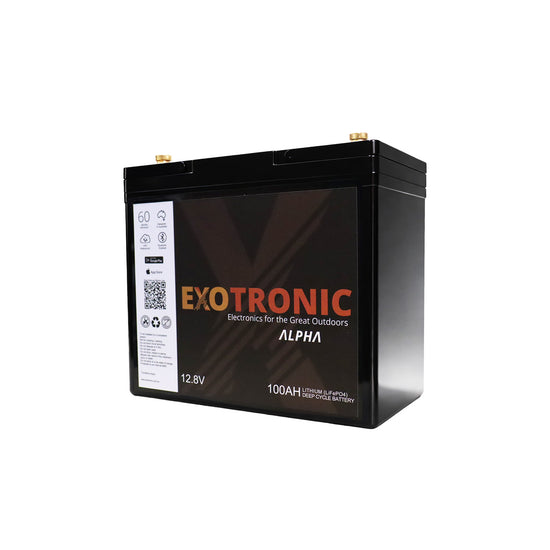 Angle view of Exotronic 100Ah Alpha lithium battery with brass M8 terminals