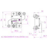 Technical dimensional drawing of Exotronic 150A circuit breaker with measurements in millimeters