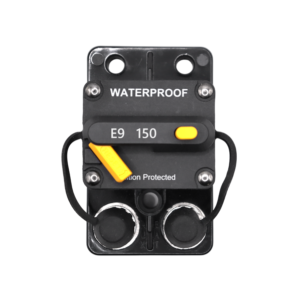 Top-down view of 150A waterproof circuit breaker showing reset lever and terminals