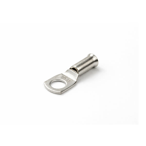 Tin-plated 16mm² copper lug with M10 hole and flared bellmouth entry