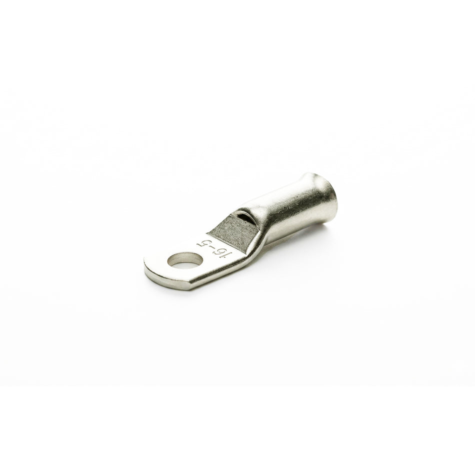 Tin-plated 16mm² copper lug with M5 hole and flared bellmouth entry