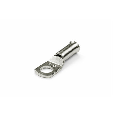 Tin-plated 16mm² copper lug with M8 hole and flared bellmouth entry