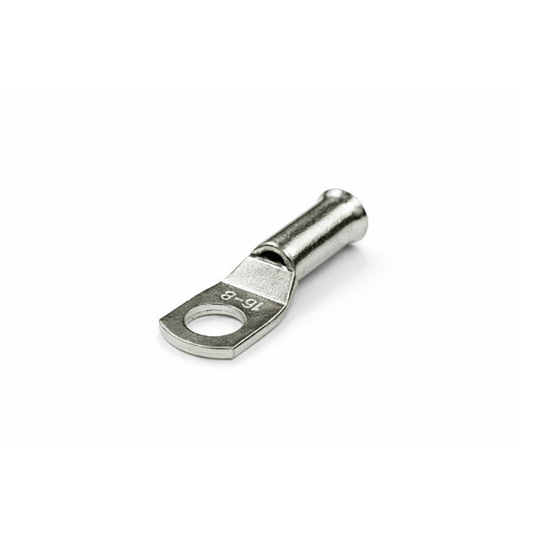 Tin-plated 16mm² copper lug with M8 hole and flared bellmouth entry