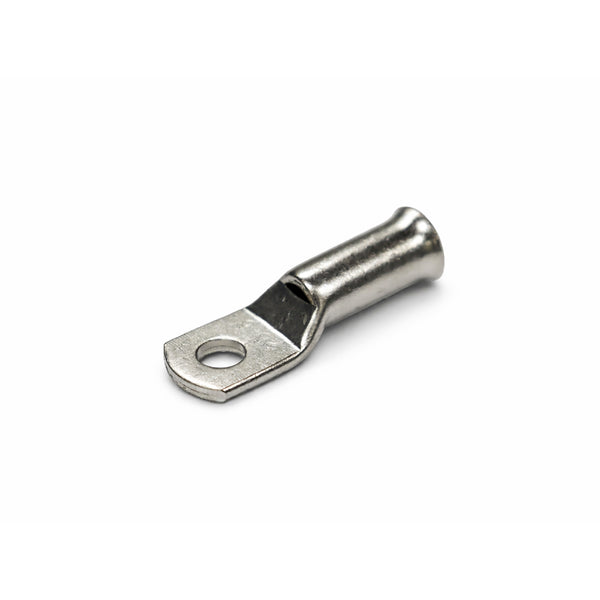 Tin-plated 25mm² copper lug with M6 hole and flared bellmouth entry