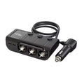 Black 3-way car lighter adaptor with LED voltage display, three sockets and coiled power cable