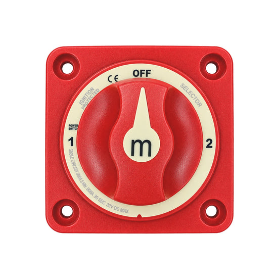 Red 3-position battery selector switch with 300A rating and ignition protection