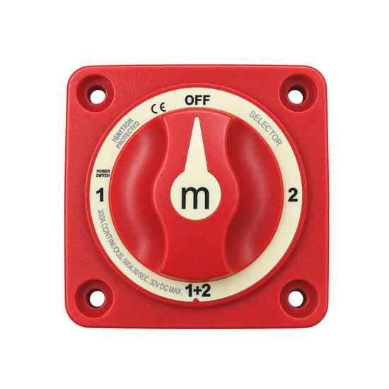 Red 4-position battery selector switch with OFF, 1, 2, and 1+2 settings